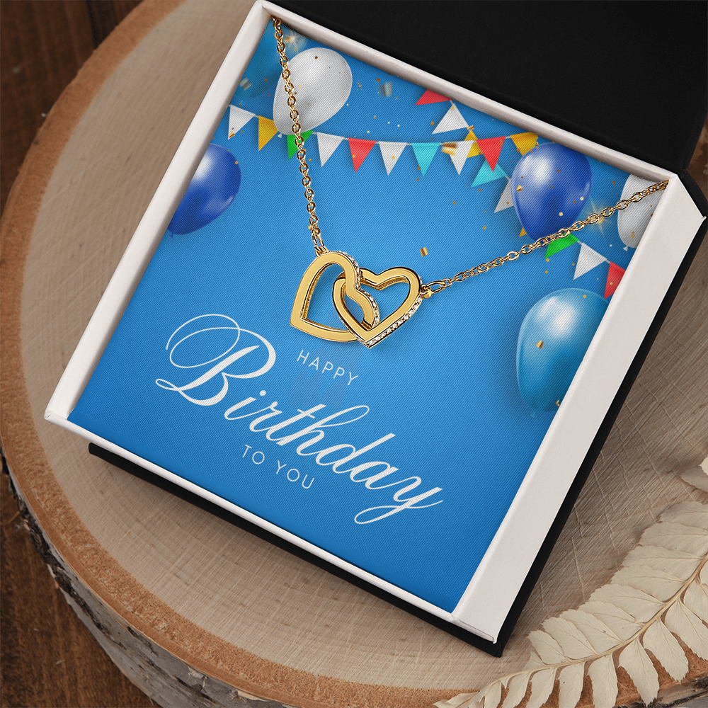 "Sinta"Interlocking Hearts Necklace w/ Happy Birthday Message