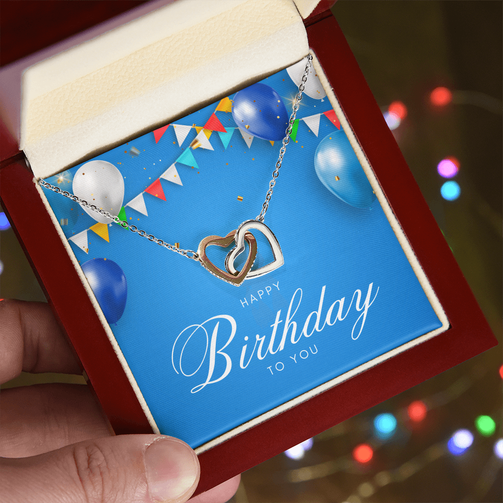 "Sinta"Interlocking Hearts Necklace w/ Happy Birthday Message
