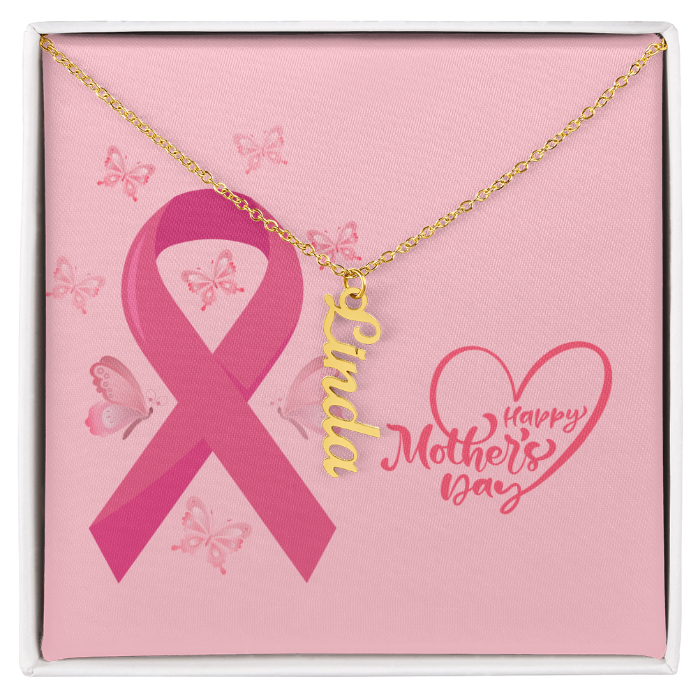 "Kinrae" Vertical Name Necklace w/Breast Cancer Design