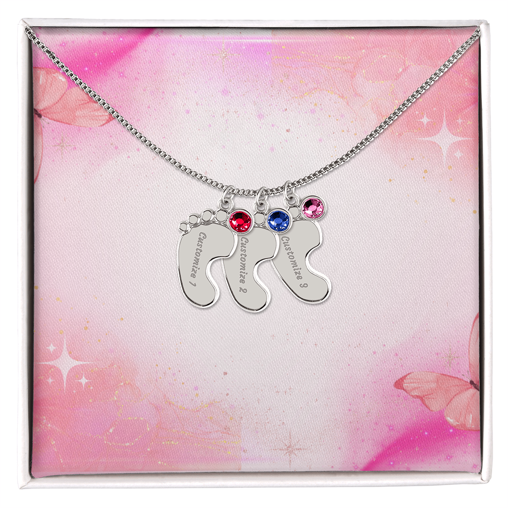 Engraved Baby Feet Necklace with Birthstone w/o message