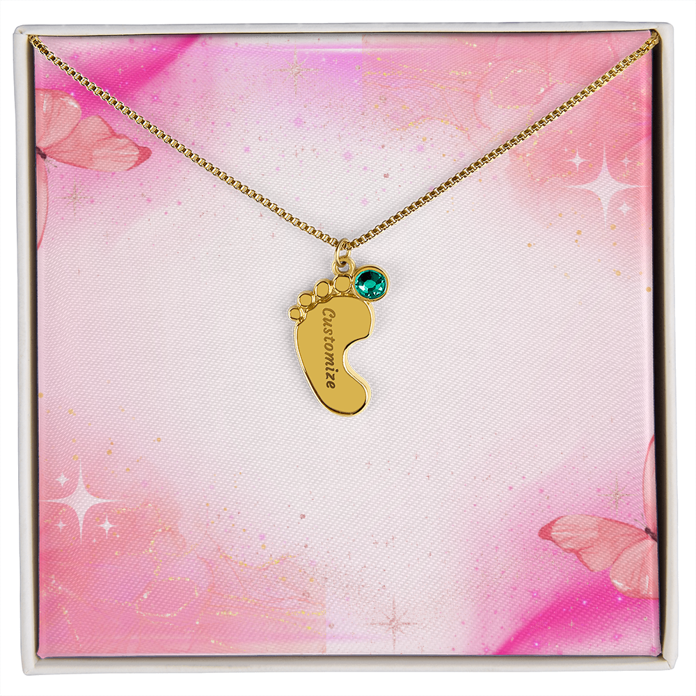 Engraved Baby Feet Necklace with Birthstone w/o message