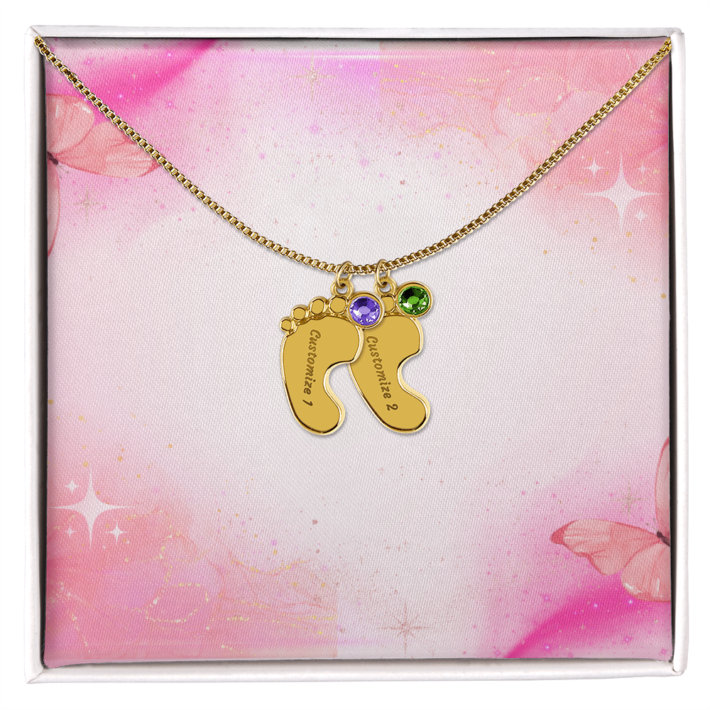 Engraved Baby Feet Necklace with Birthstone w/o message