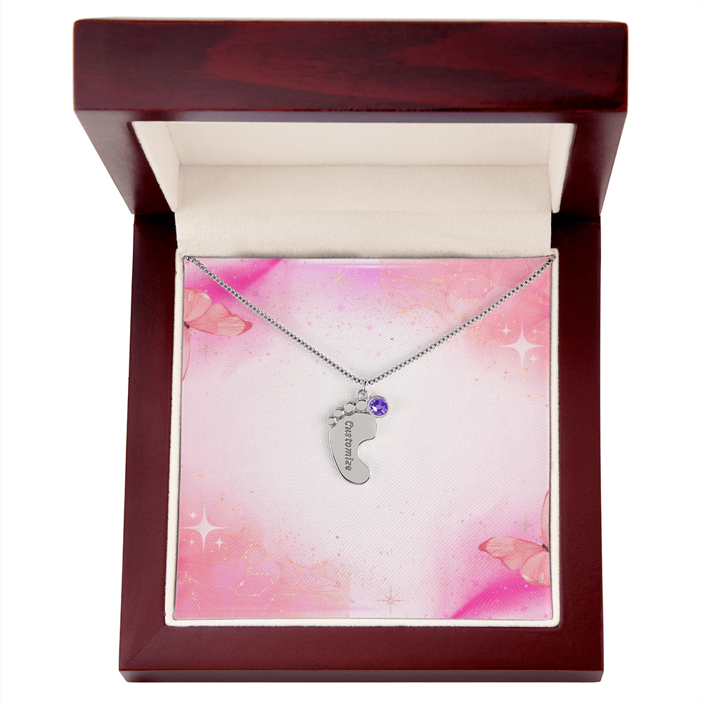 Engraved Baby Feet Necklace with Birthstone w/o message