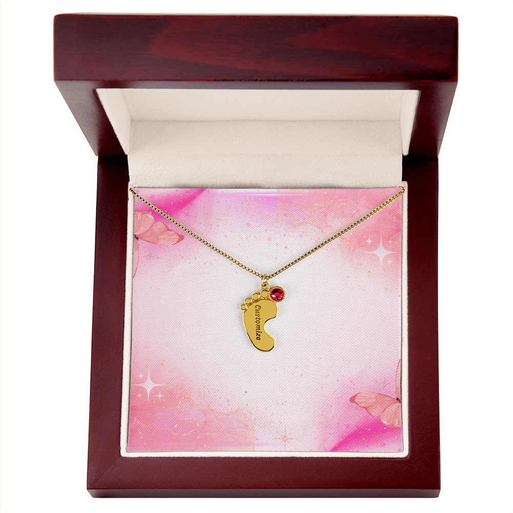 Engraved Baby Feet Necklace with Birthstone w/o message