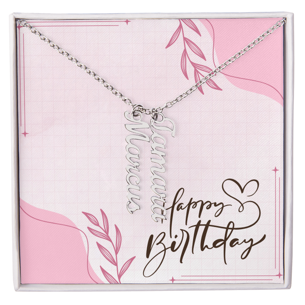 "Kinrae" Multi Vertical Name Necklace w/Birthday Message