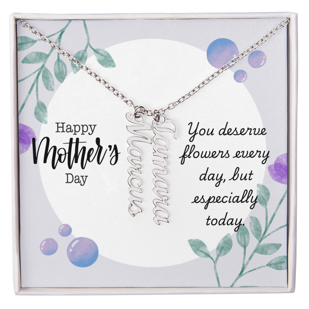 "Kinrae" Multi Vertical Name Necklace w/Mother's Day Message