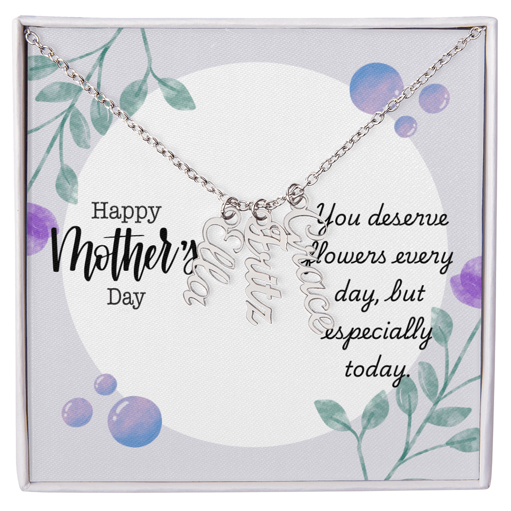 "Kinrae" Multi Vertical Name Necklace w/Mother's Day Message