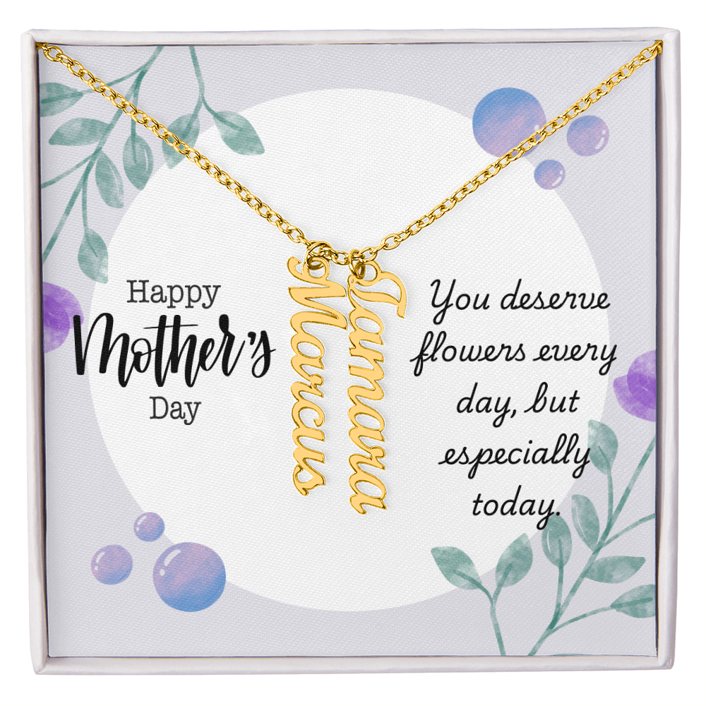 "Kinrae" Multi Vertical Name Necklace w/Mother's Day Message