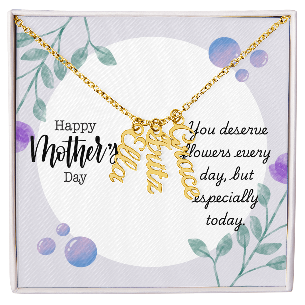 "Kinrae" Multi Vertical Name Necklace w/Mother's Day Message