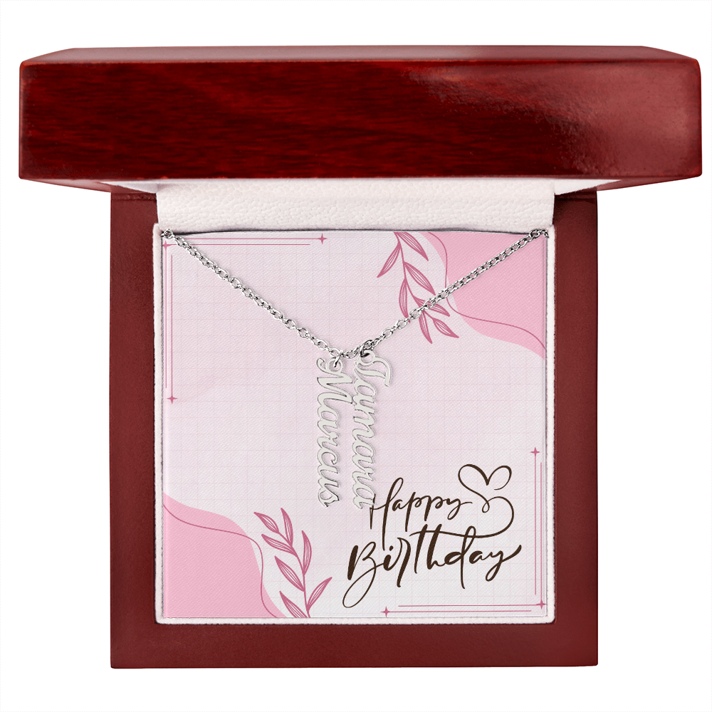"Kinrae" Multi Vertical Name Necklace w/Birthday Message