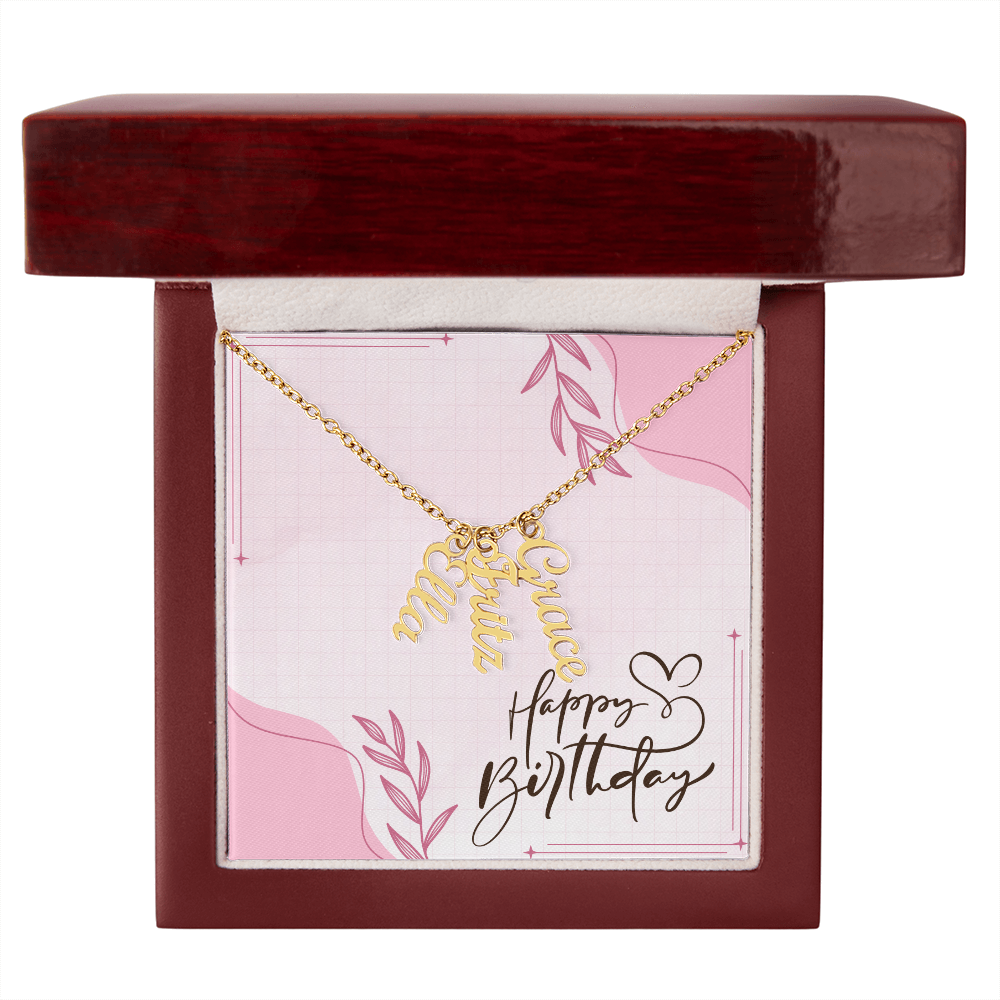 "Kinrae" Multi Vertical Name Necklace w/Birthday Message