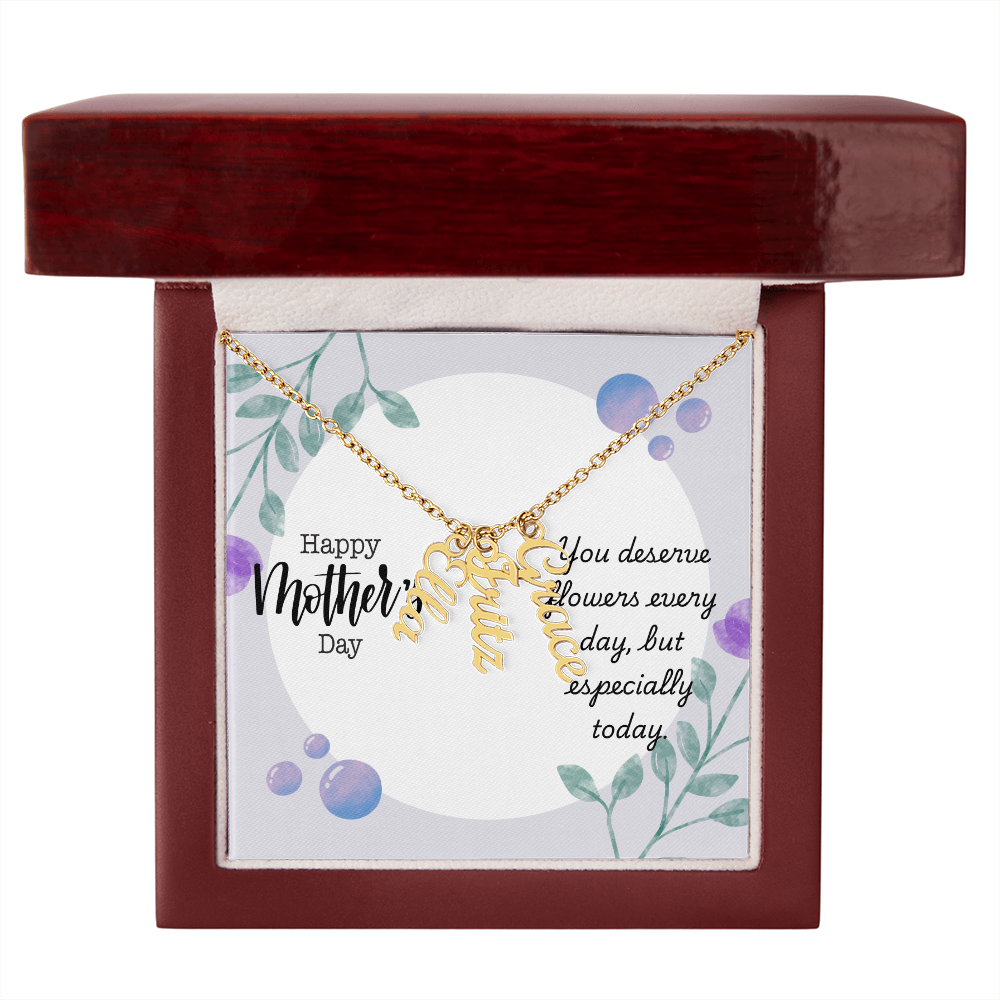 "Kinrae" Multi Vertical Name Necklace w/Mother's Day Message
