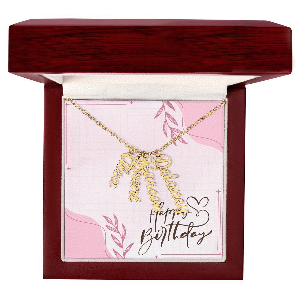 "Kinrae" Multi Vertical Name Necklace w/Birthday Message