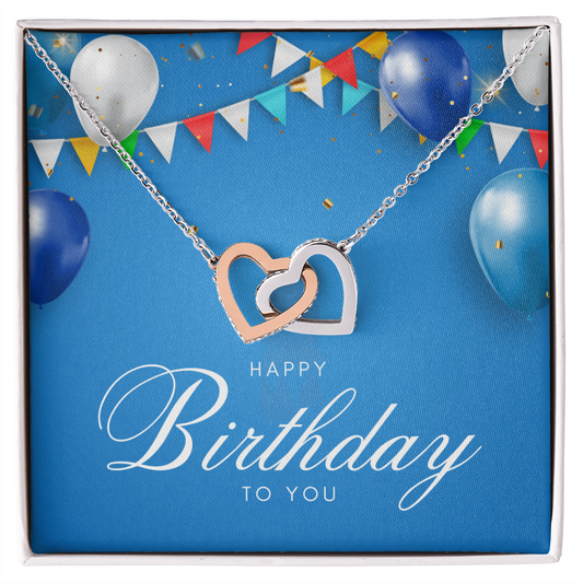 "Sinta"Interlocking Hearts Necklace w/ Happy Birthday Message