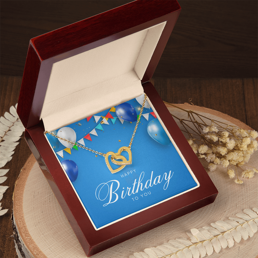 "Sinta"Interlocking Hearts Necklace w/ Happy Birthday Message