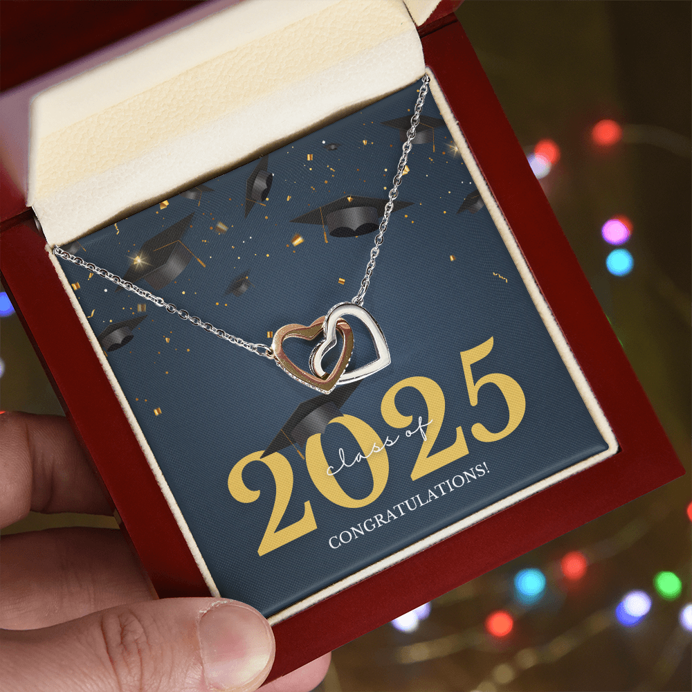 Interlocking Hearts Necklace w/graduation message.