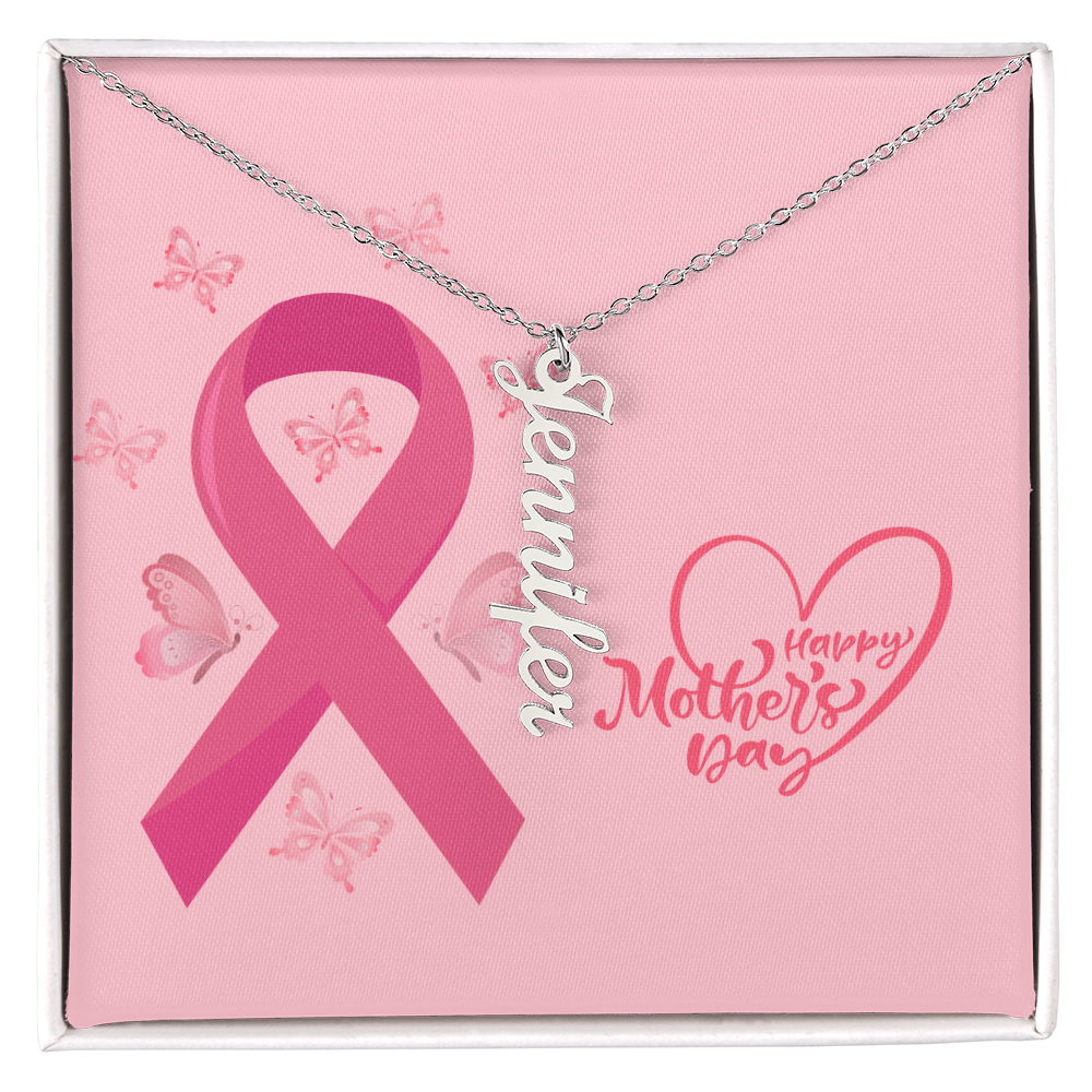 "Kinrae" Vertical Name Necklace w/Breast Cancer Design