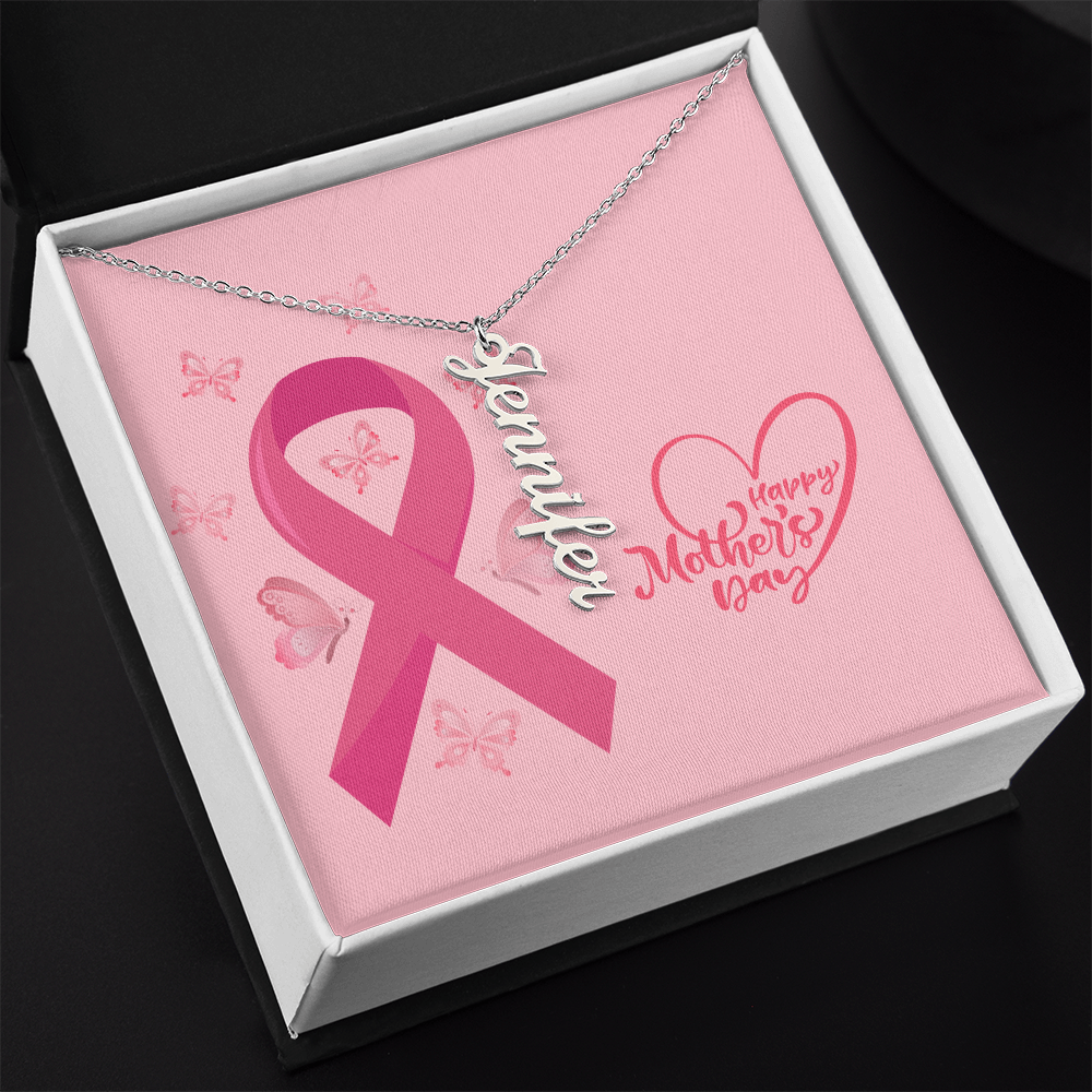 "Kinrae" Vertical Name Necklace w/Breast Cancer Design