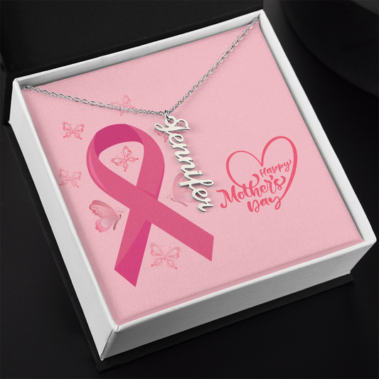 "Kinrae" Vertical Name Necklace w/Breast Cancer Design