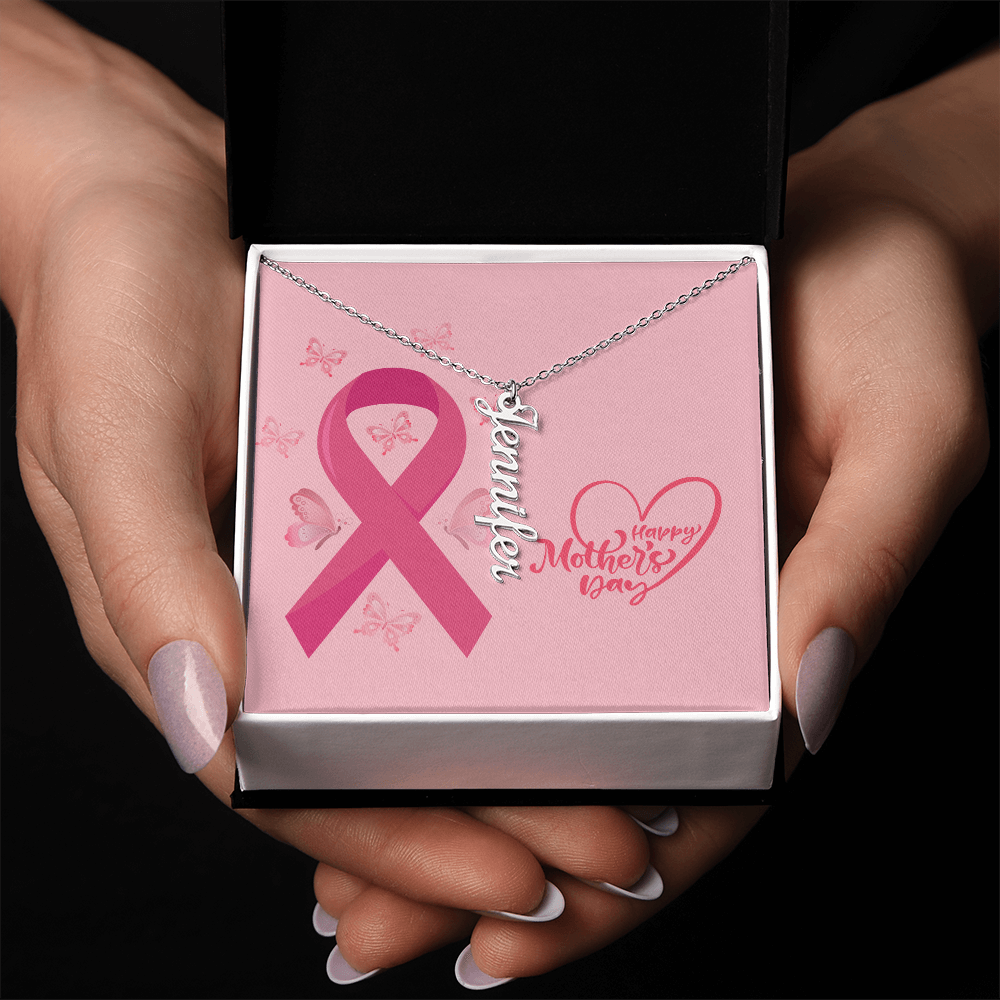 "Kinrae" Vertical Name Necklace w/Breast Cancer Design