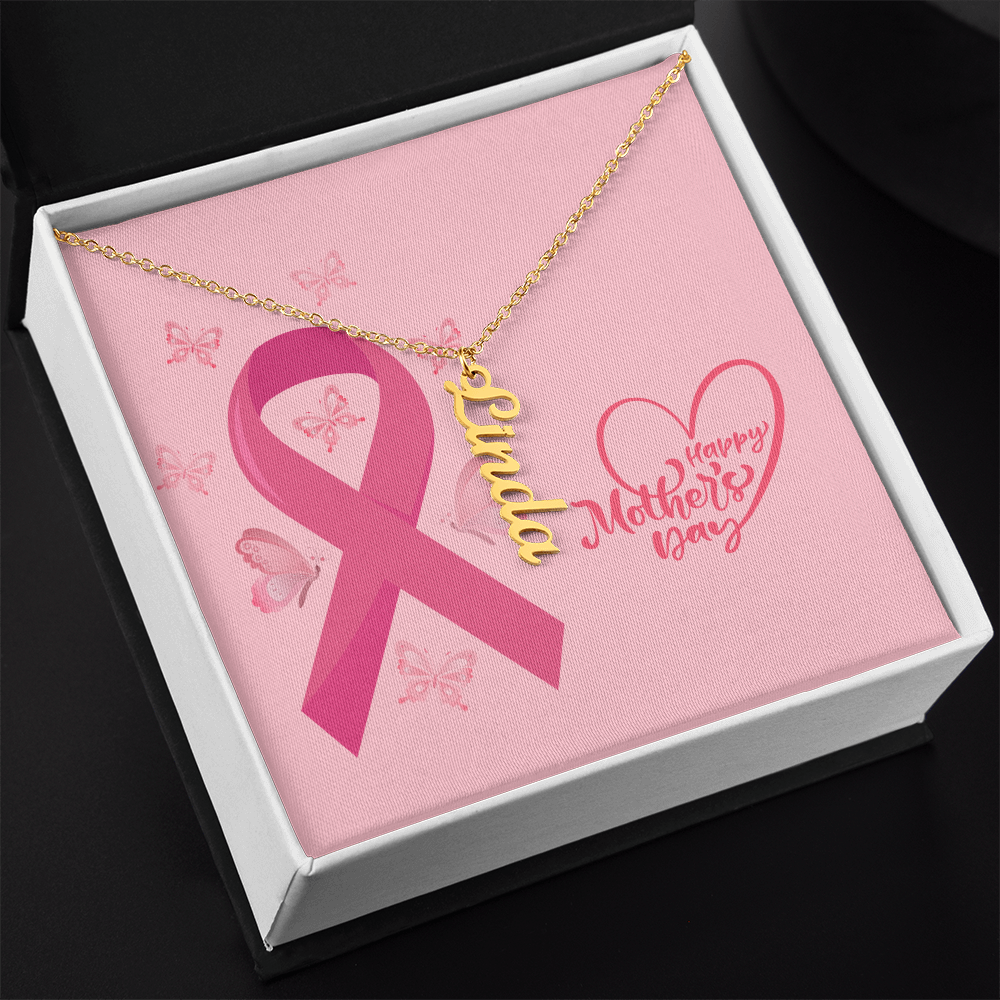"Kinrae" Vertical Name Necklace w/Breast Cancer Design
