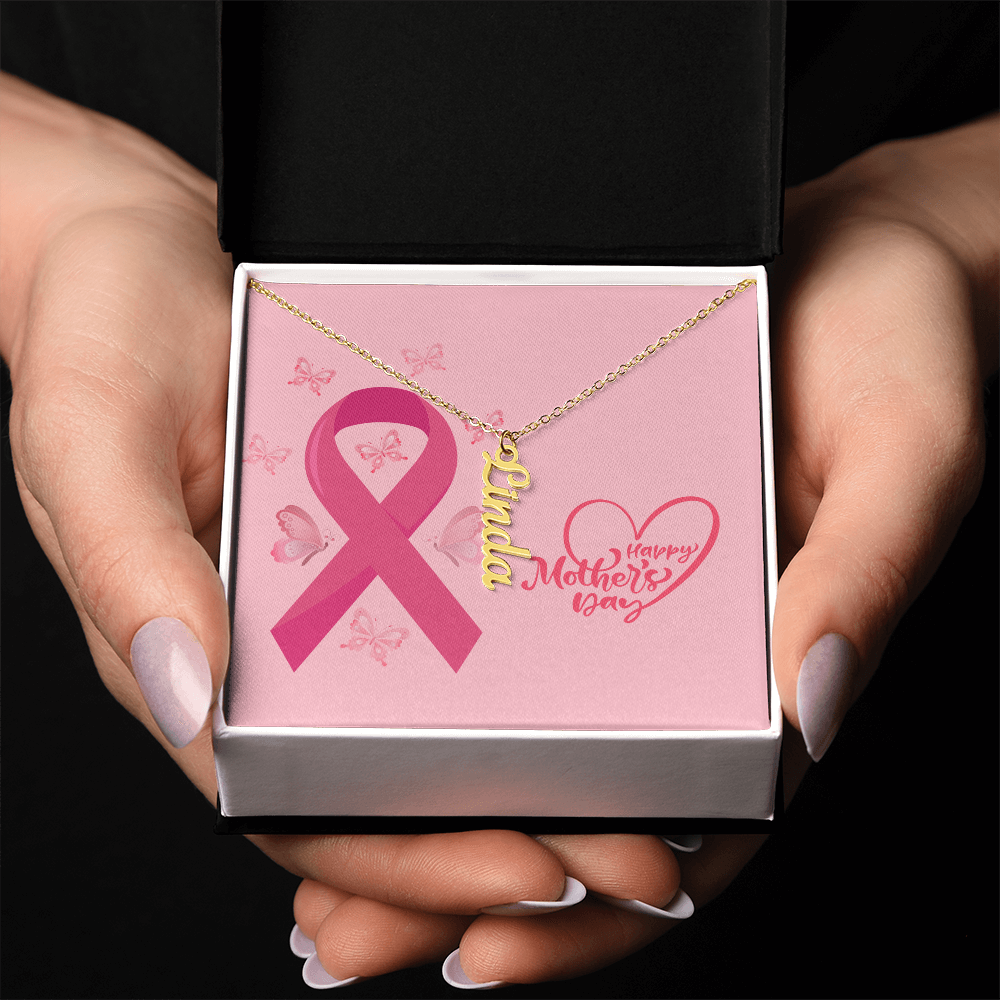"Kinrae" Vertical Name Necklace w/Breast Cancer Design