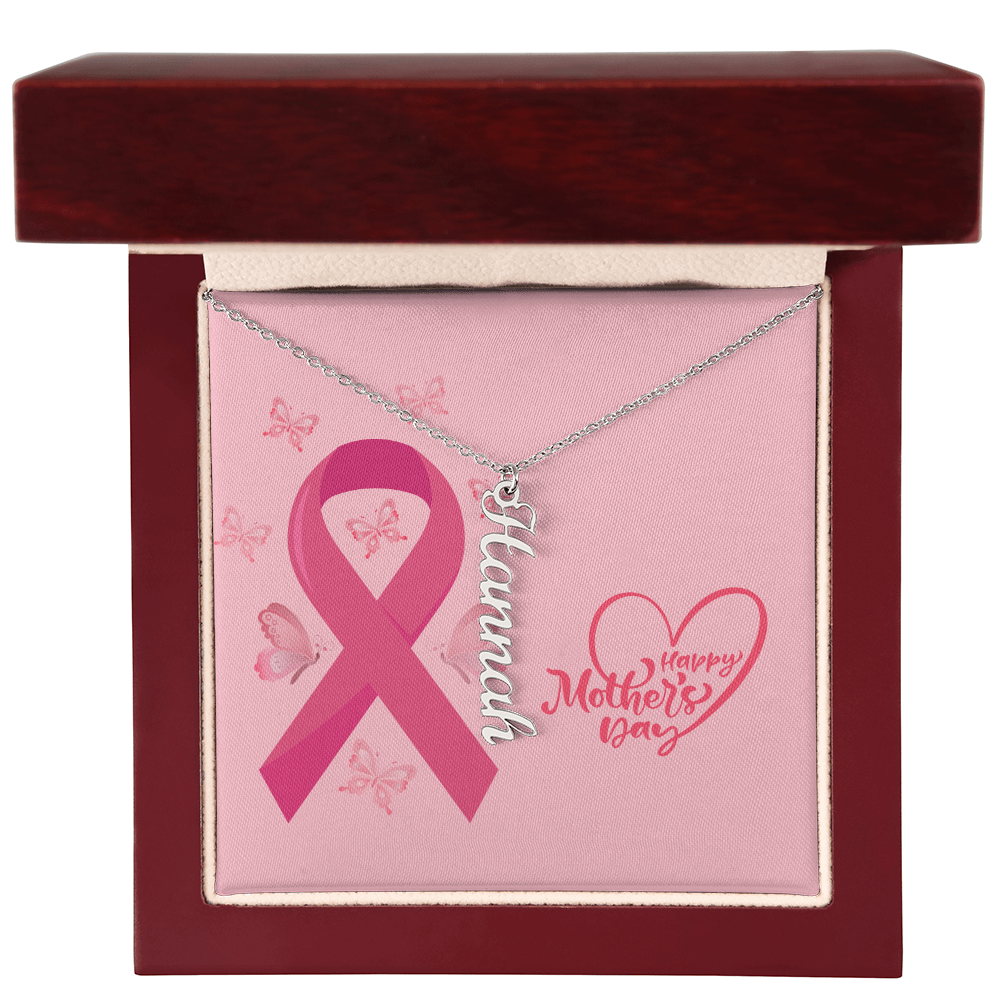 "Kinrae" Vertical Name Necklace w/Breast Cancer Design