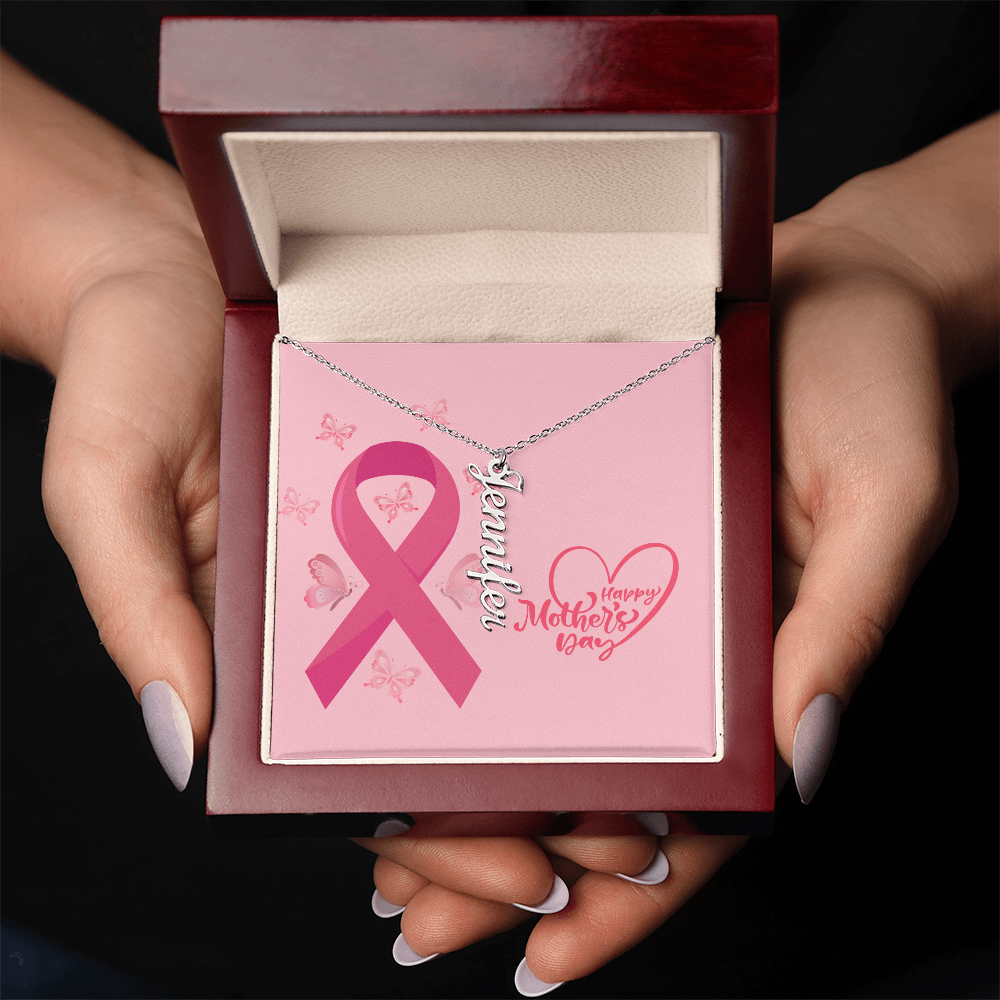 "Kinrae" Vertical Name Necklace w/Breast Cancer Design