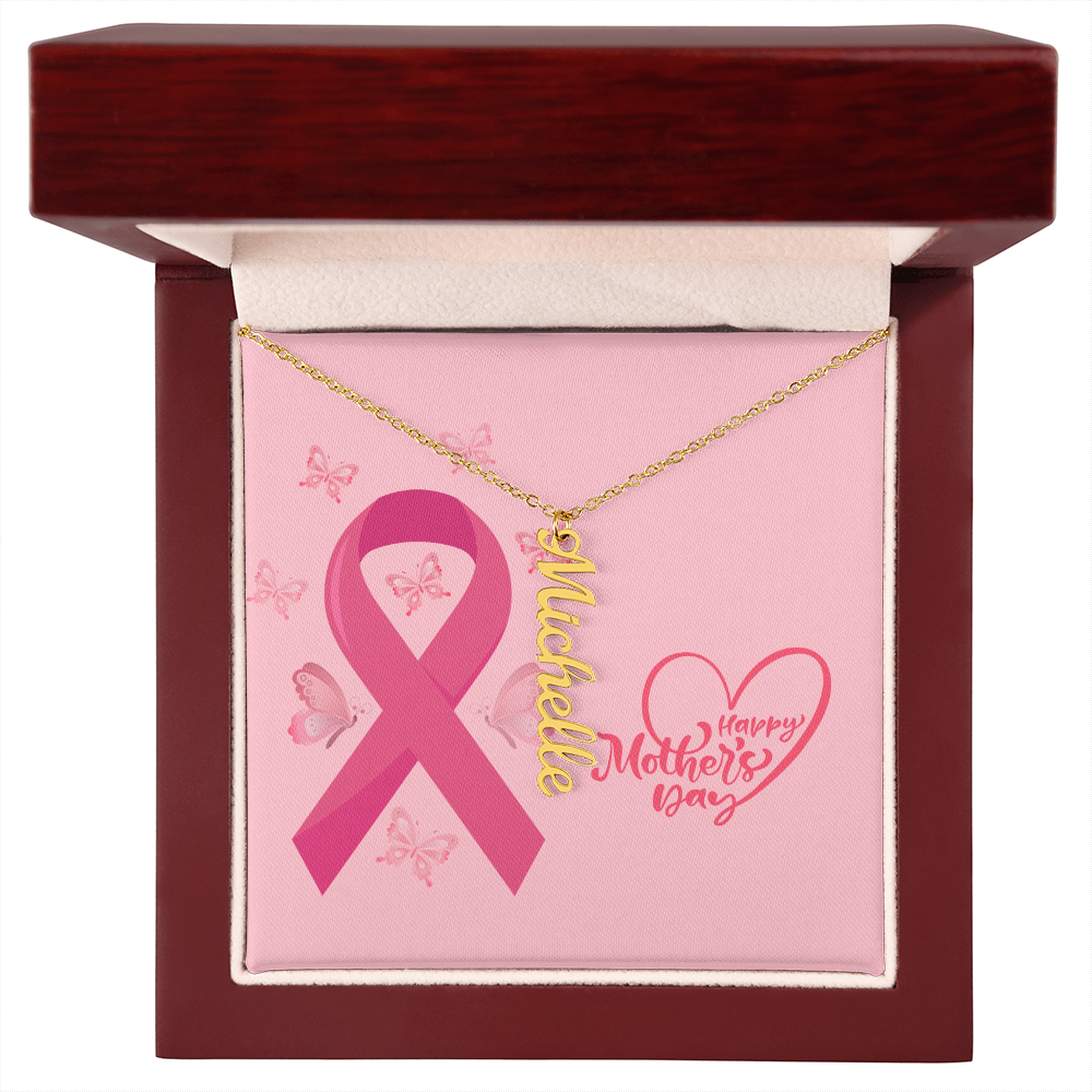 "Kinrae" Vertical Name Necklace w/Breast Cancer Design