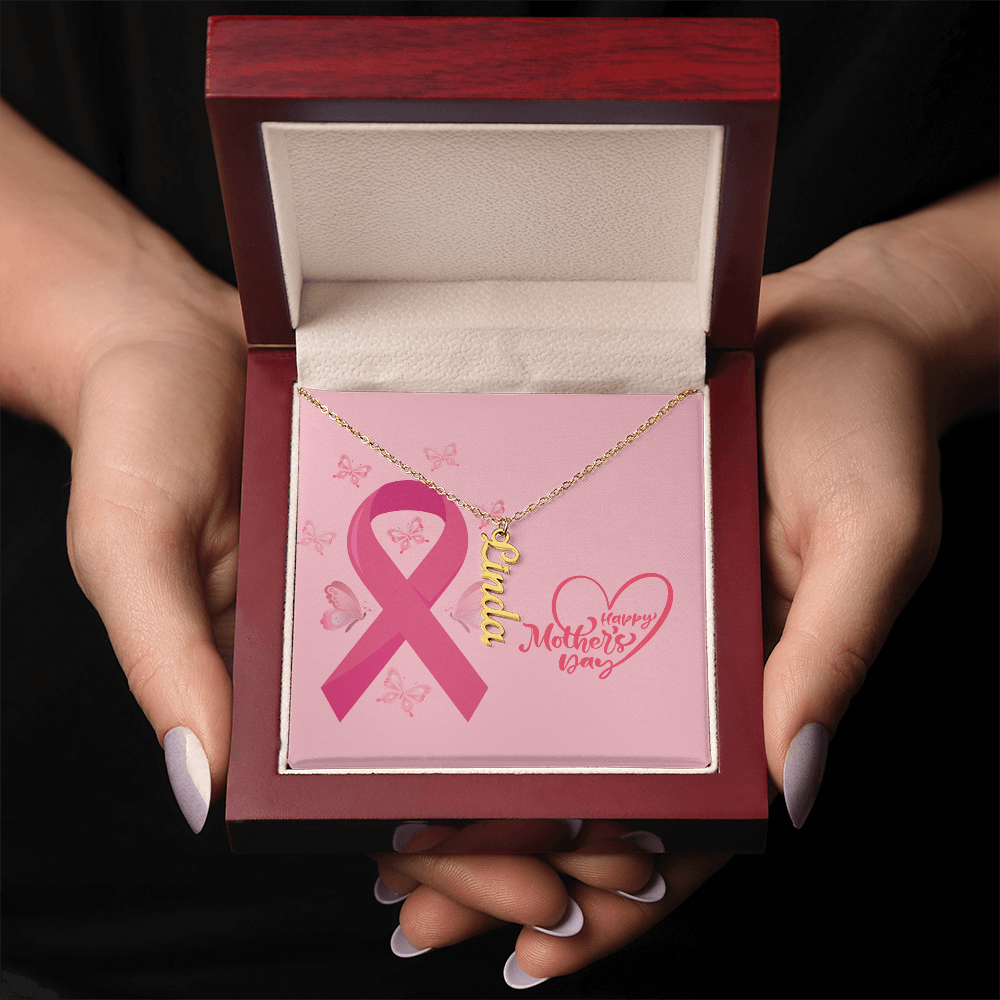 "Kinrae" Vertical Name Necklace w/Breast Cancer Design