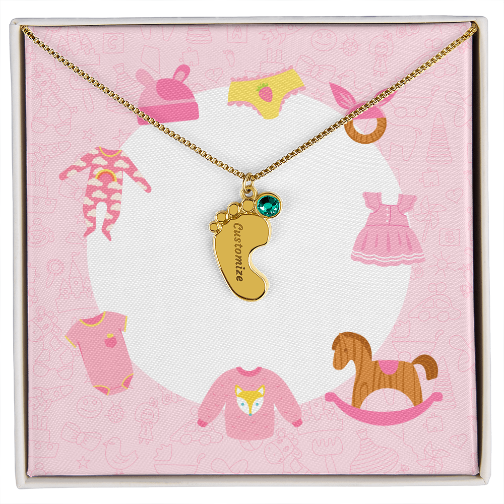 Engraved Baby Feet Necklace with Birthstone w/o message