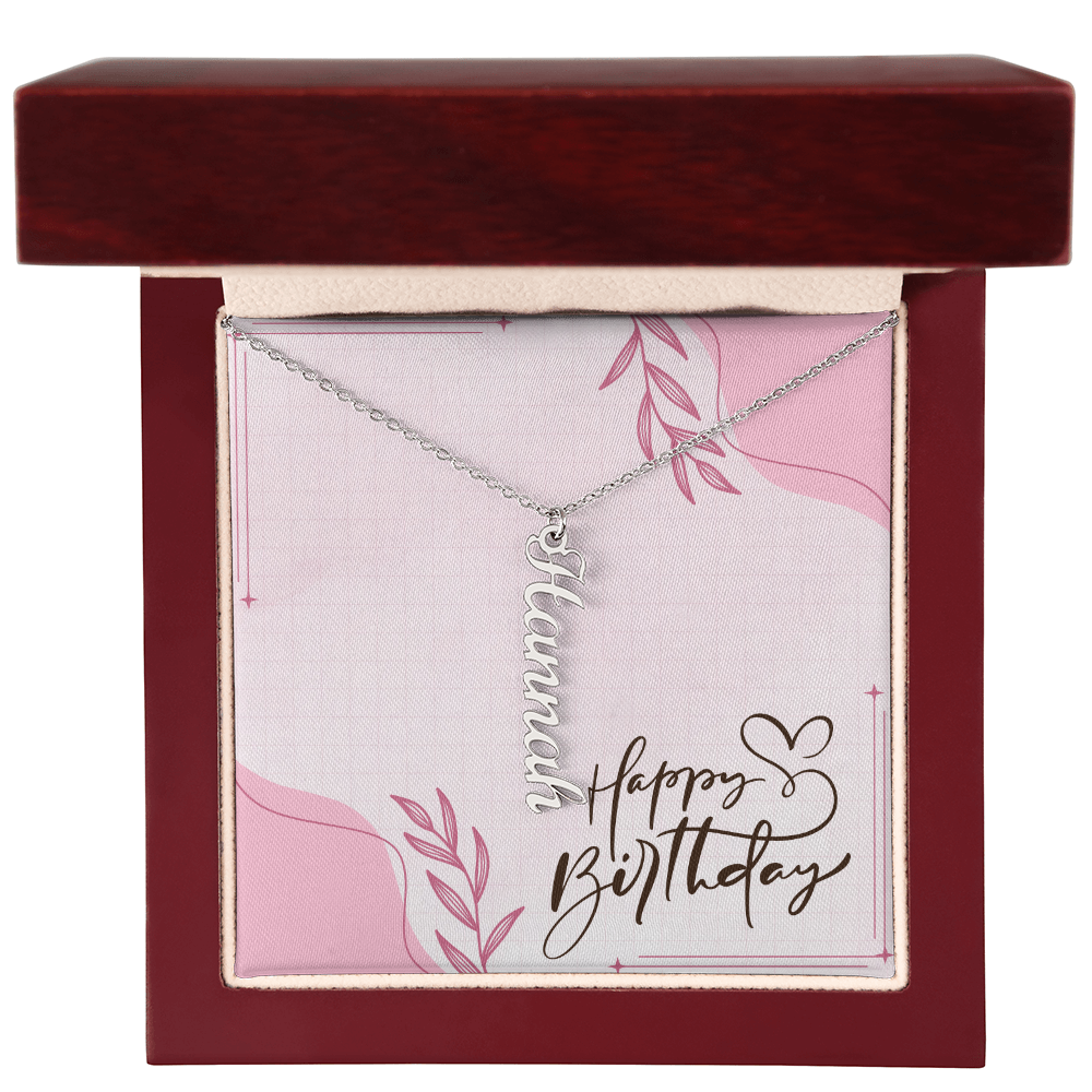"Kinrae" Multi Vertical Name Necklace w/Birthday Message