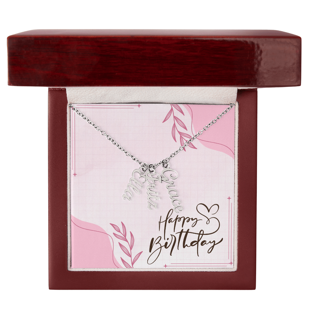 "Kinrae" Multi Vertical Name Necklace w/Birthday Message