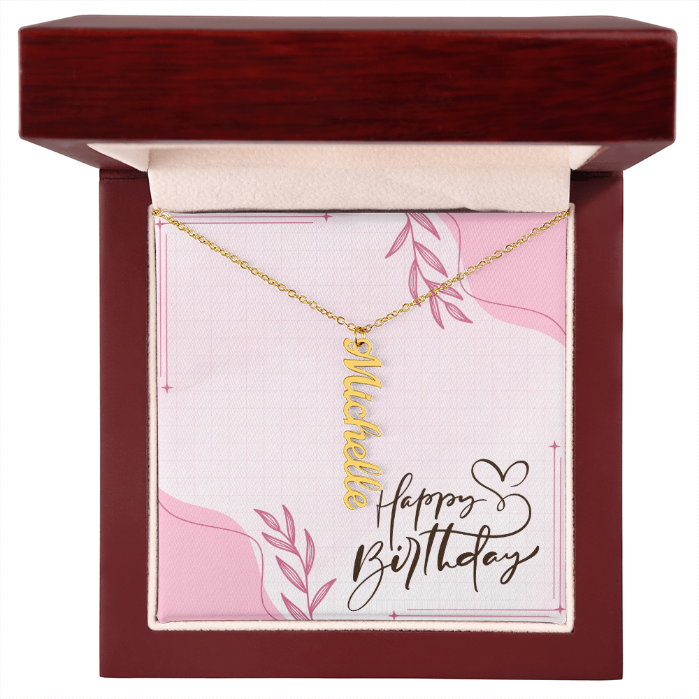"Kinrae" Multi Vertical Name Necklace w/Birthday Message
