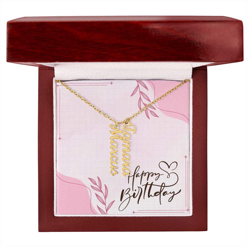 "Kinrae" Multi Vertical Name Necklace w/Birthday Message